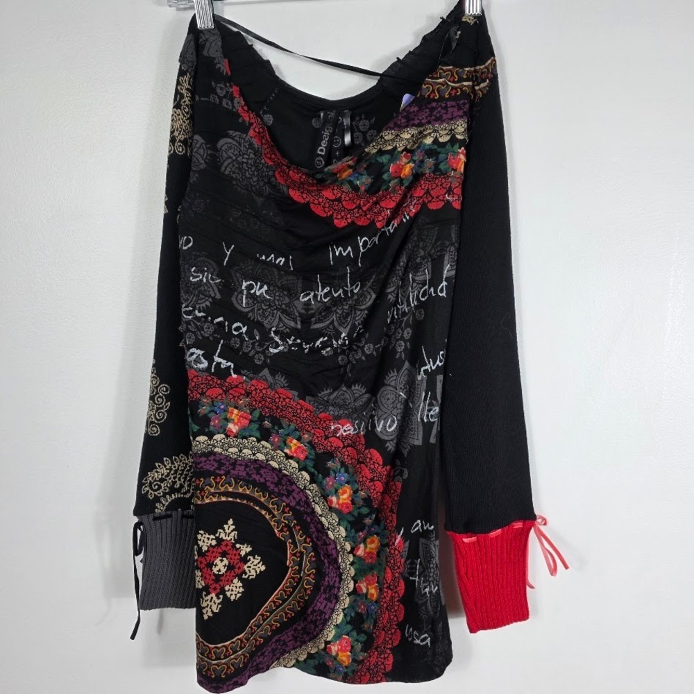 Desigual Black Floral Hippie Boho Long Sleeve Cowl‎ Neck Tunic Dress XS